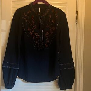 Free People Black Blouse with Rust Floral Embroidery